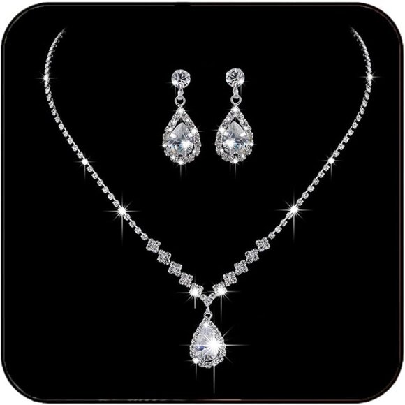Bride Silver Bridal Necklace Earrings Set Crystal Wedding Jewelry Set Rhinestone - Picture 1 of 8